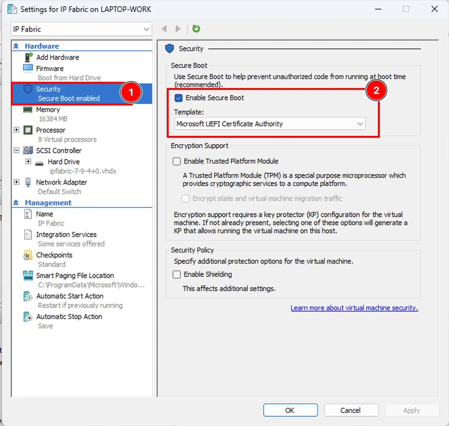 Hyper-V - VM Settings - Security - Secure Boot